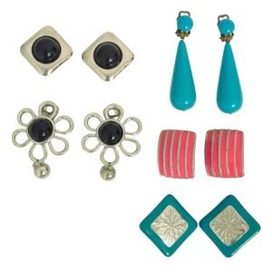 Vintage‎ Clip Earring Lot (Set of 5)- Black, Silver, Blue, Green, Pink